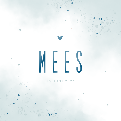 Geboortekaartje voor jongen met blauw hoge glans letters en watercolor