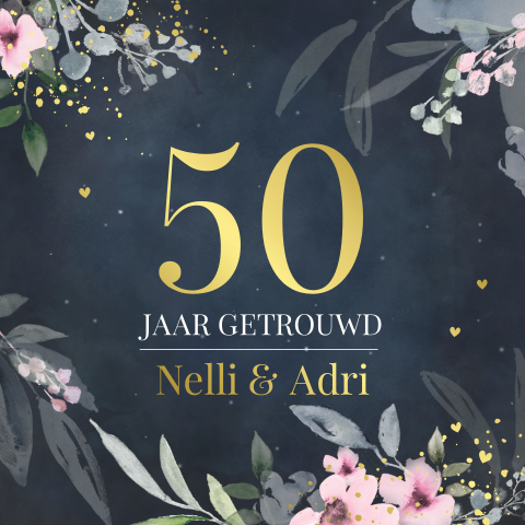 50 jaar getrouwd uitnodiging met bloemen en goudfolie