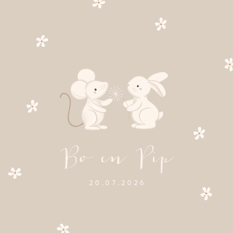 Pastelkleurig geboortekaartje tweeling met bloemetjesachtergrond