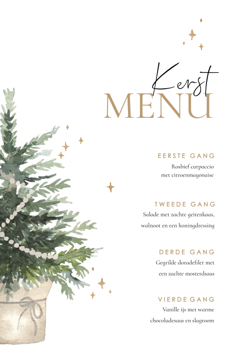 Menukaart kerst met kerstboom en gouden sterren