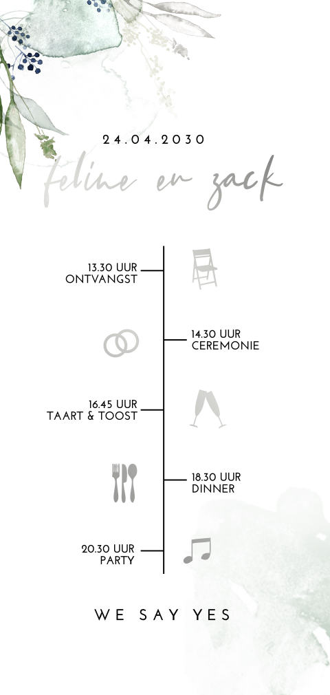 Trouwkaart zilverfoliefolie met tijdlijn en aquarel takjes