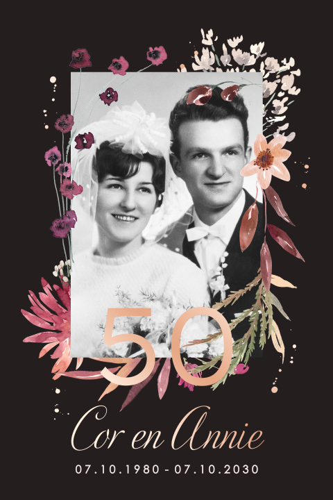 Jubileumkaart 50 jaar met bloemen en roségoudfolie