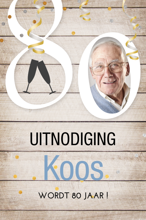 Uitnodiging 80e verjaardag met hout en foto