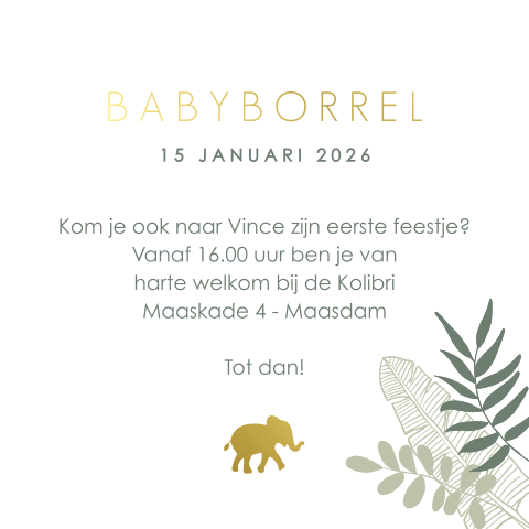 Babyborrel uitnodiging jungle met goudfolie