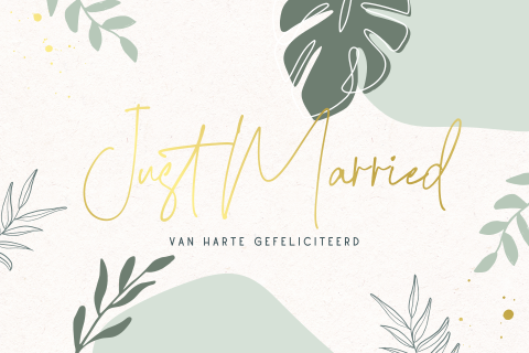Hippe wenskaart just married huwelijk goudfolie