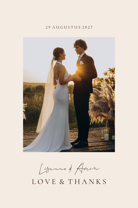 Beige bedank kaart bruiloft met trouwfoto