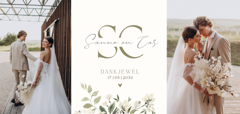 Bedankkaart bruiloft met foto's en elegante bloemen