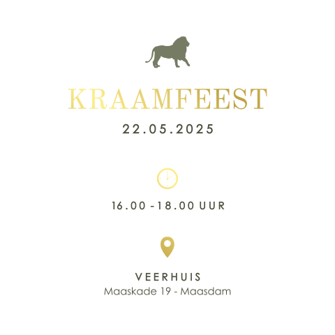 Klein kraamfeest kaartje met goudfolie en leeuw