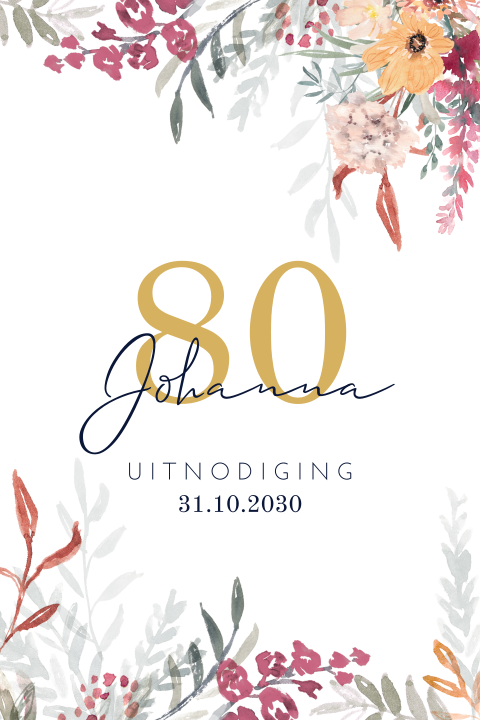Uitnodingskaart tachtig jaar met kleurrijke bloemen