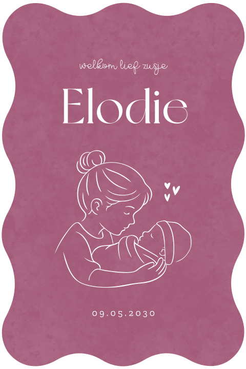 Roze geboortekaartje voor zusje met lijntekening en golvende randen