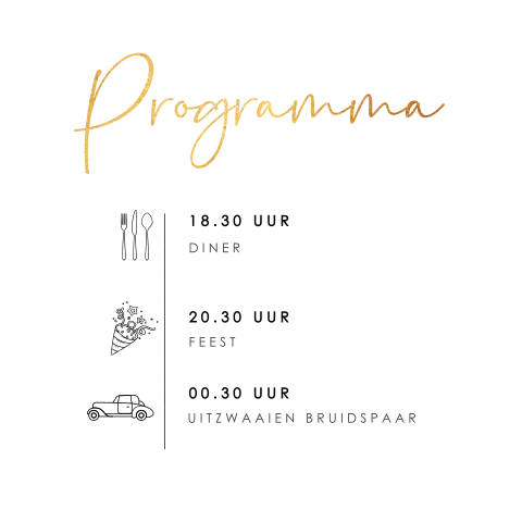 Dagprogrammakaartje met gouden details en tijdlijn