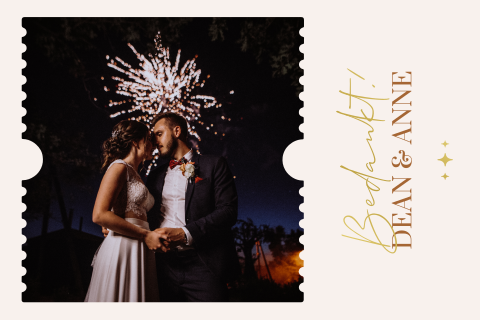 Bedankkaart bruiloft in ticket vorm met foto en goudfolie