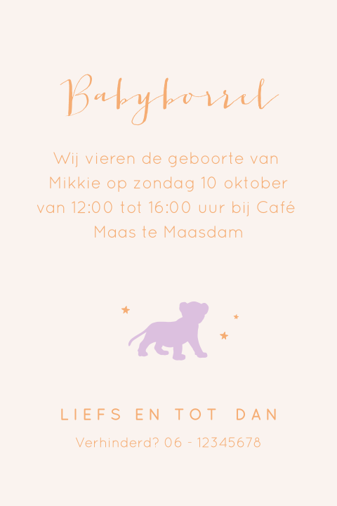 Kraamborrelkaartje voor een meisje met lila welpje