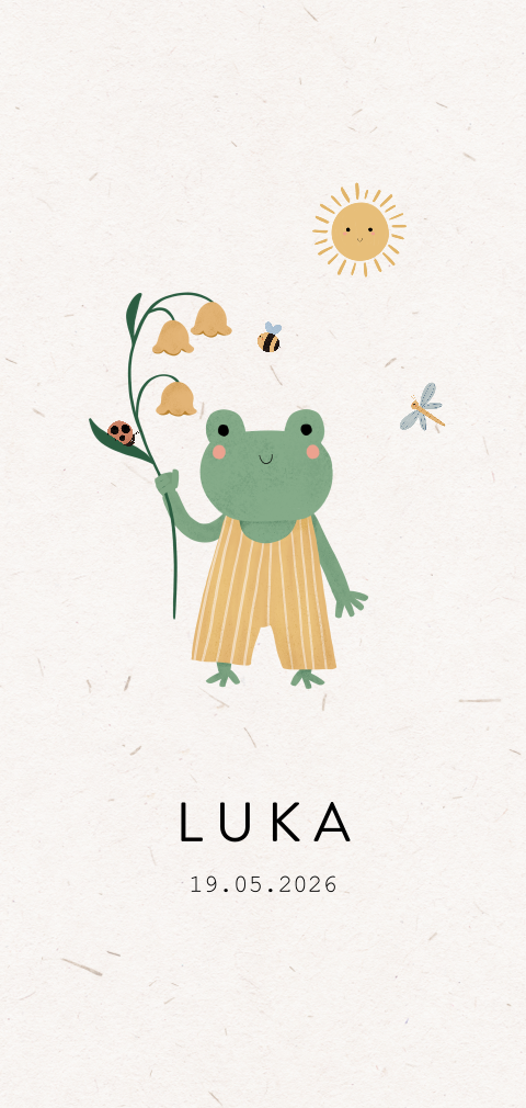 Geboortekaartje voorjaar kikker bloem vrolijk
