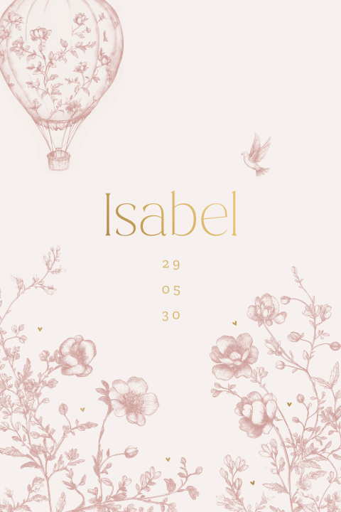 Klassiek geboortekaartje in toile de jouy-stijl met mat goudfolie