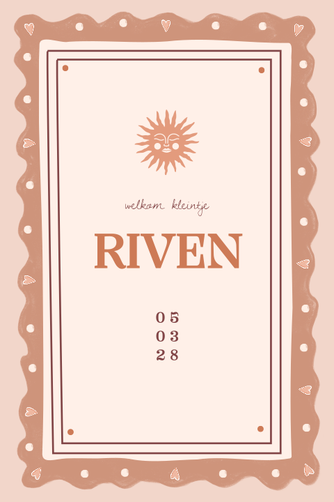 Geboortekaartje met hartjes kader in neutrale kleuren