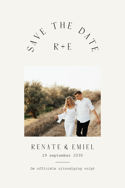 Minimalistische save the date met foto en klassieke typografie