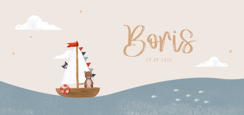 Geboortekaartje met zeilboot en beertje