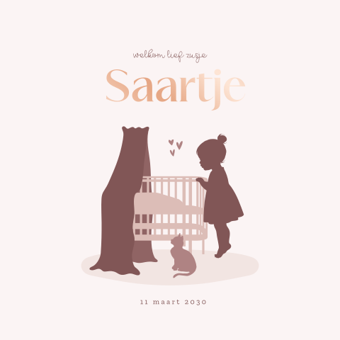 Lief geboortekaartje zusje met silhouetje bij wiegje