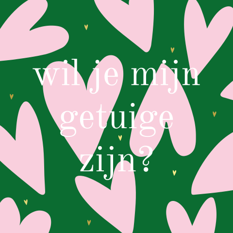 Getuige vragen kaart groen met roze hartjes en goudfolie