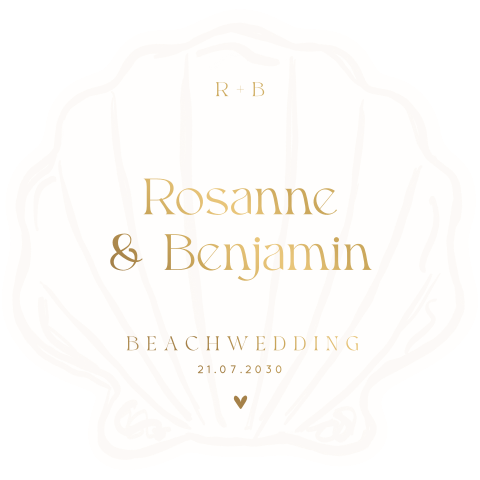 Originele trouwkaart beach wedding in schelpvorm met mat goudfolie