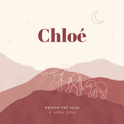 Geboortekaartje meisje met landschap olifantjes en rosefolie