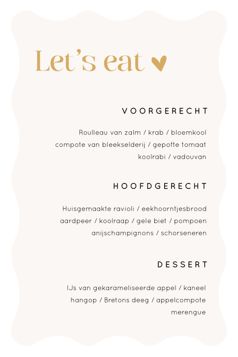 Menukaart bruiloft met golvende randen in beige tinten