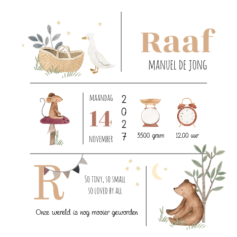 Lief geboortekaartje met dieren en geboortegegevens