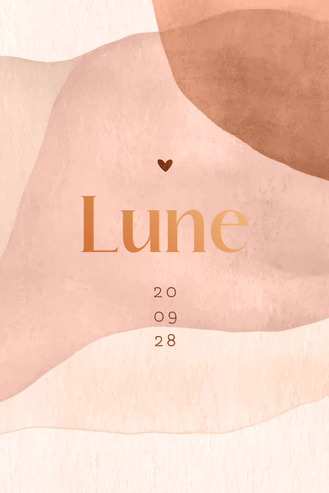 Geboortekaartje met watercolour in aardetinten en koperfolie