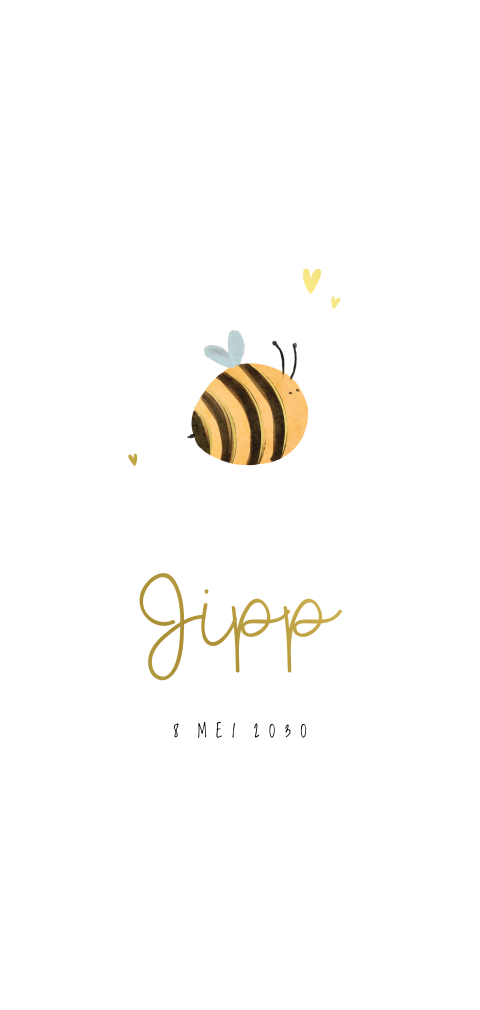 Geboortekaartje met lief bijtje, hartjes en goudfolie