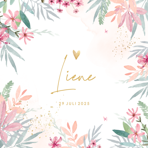 Geboortekaartje meisje met botanische bloemen en hartje