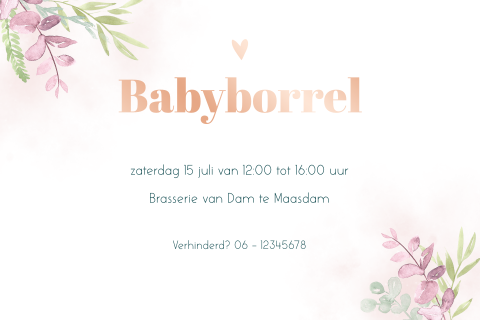 Kraamborrel kaartje met roséfolie en takjes