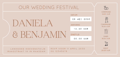 Uitnodiging bruiloft ticket wedding festival
