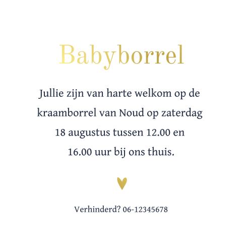 Klein kraamborrelkaartje met goudfolie en donkerblauw