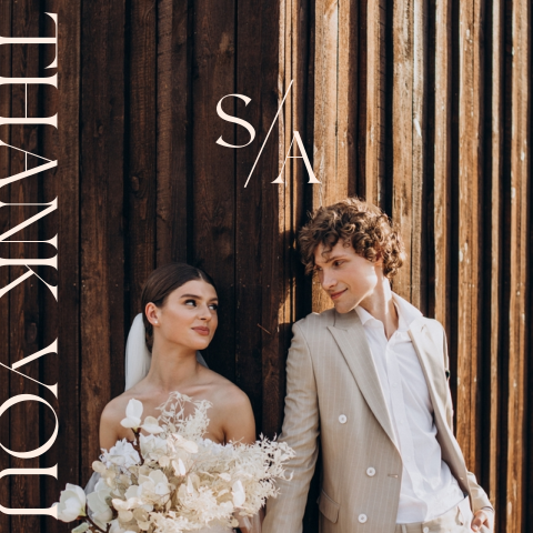 Stijlvolle bedankkaart bruiloft met initialen en foto