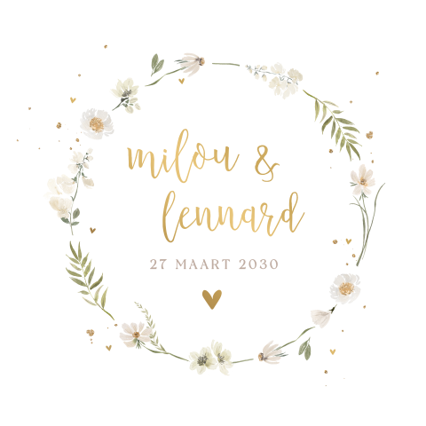 Romantische trouwkaart met bloemenkrans en mat goudfolie