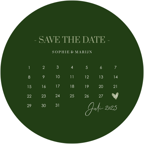Ronde Save the Date kaart in donkergroen