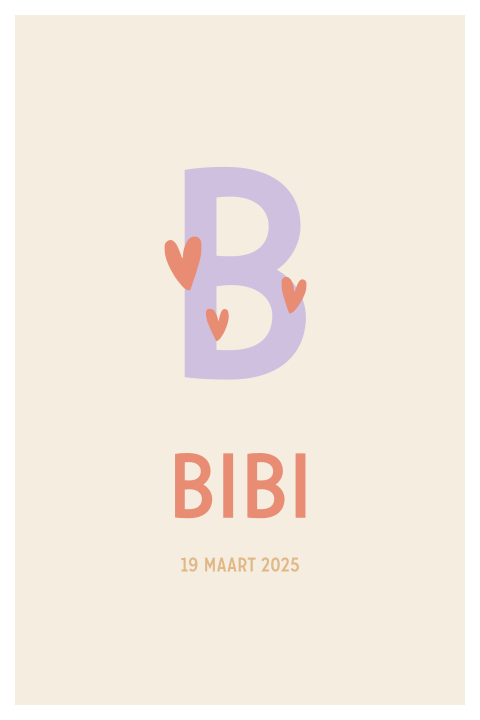 Geboortekaartje met initiaal en hartjes