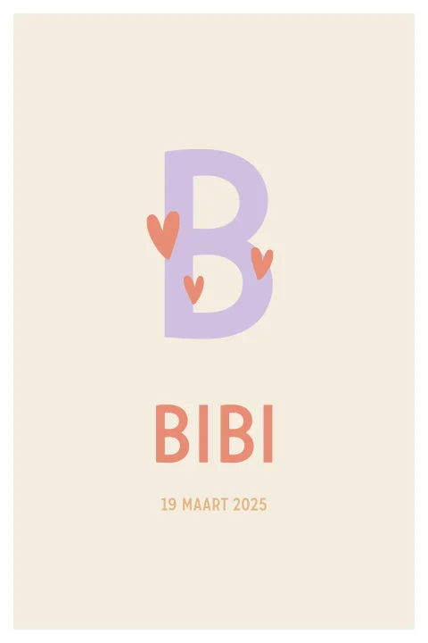 Geboortekaartje met initiaal en hartjes