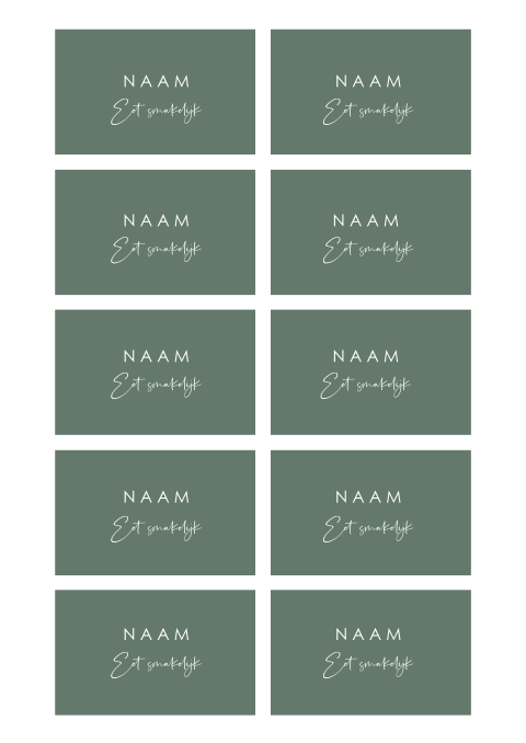 Donkergroen naamkaartje met sierlijke typografie