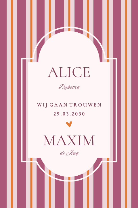 Trouwkaart met colourblocking-strepen in roze en oranje