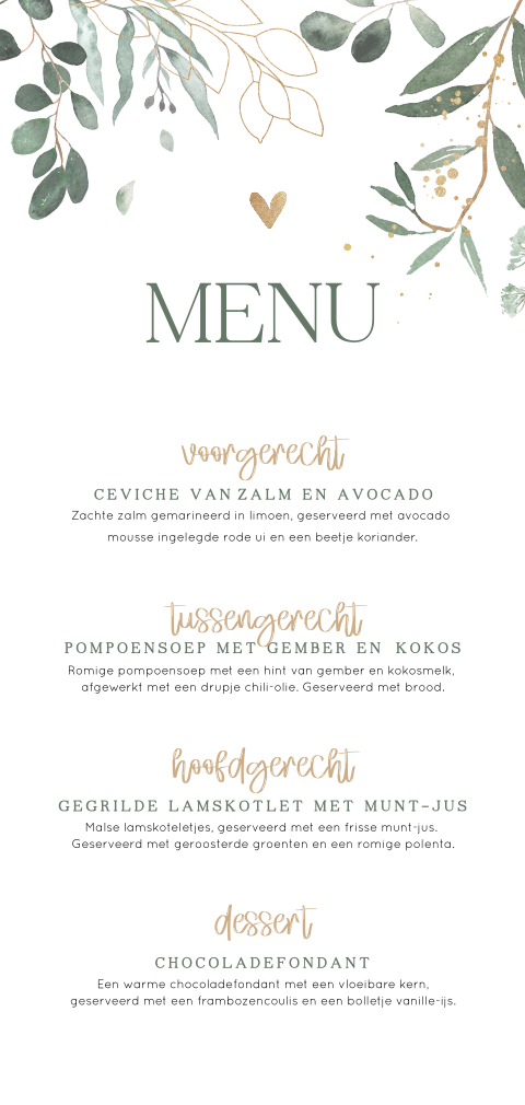 Menukaart voor bruiloft botanisch met goud
