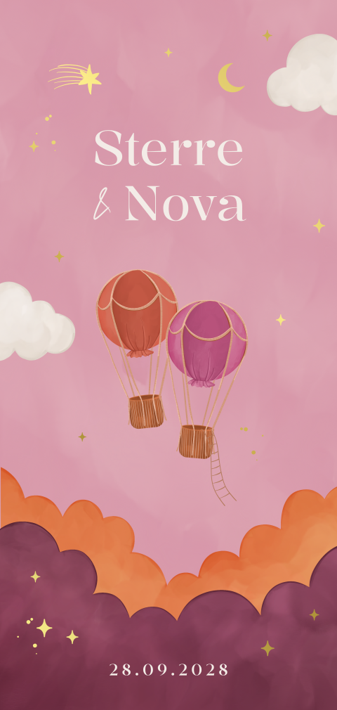 Tweeling geboortekaartje met luchtballonnen en goudfolie