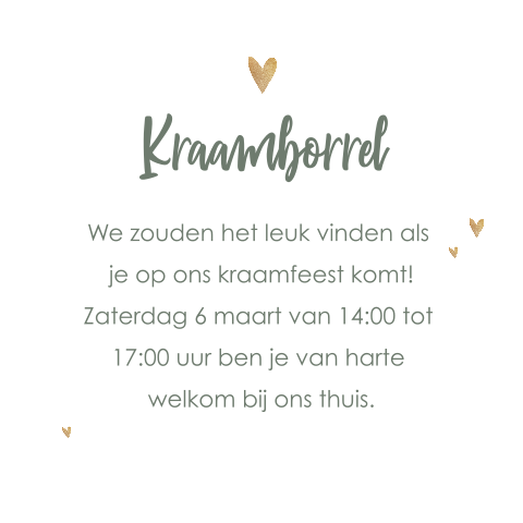 Kraamborrel uitnodiging met gouden hartjes