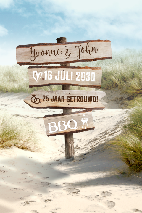 Jubileum uitnodiging wegwijzer strand