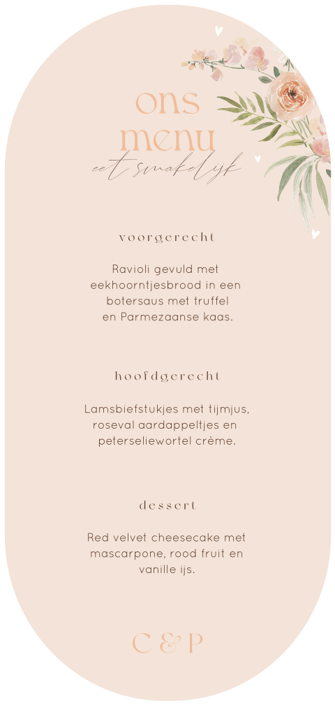 Menukaart bruiloft ovaal in peach kleur met romantische bloemen
