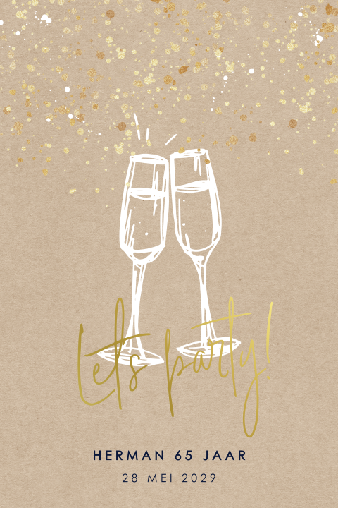 Verjaardag uitnodiging 65 met champagne, confetti en goudfolie