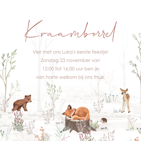 Kraamborrelkaartje met bosdieren
