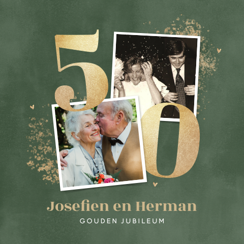 Uitnodiging gouden bruiloft met foto's en groene velvet-look achtergrond