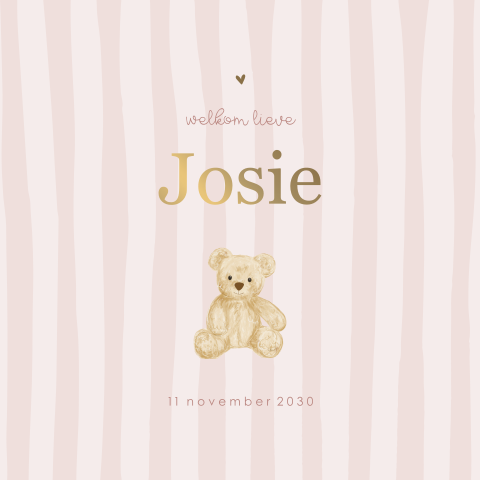 Roze gestreept geboortekaartje met teddybeer en goudfolie